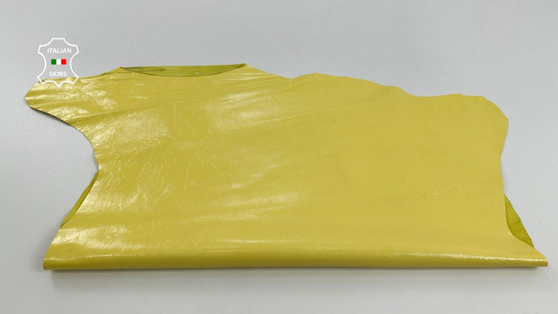 LIGHT YELLOW PATENT CRINKLED Soft Italian Lambskin leather hide 5sqf 0.9mm C2371