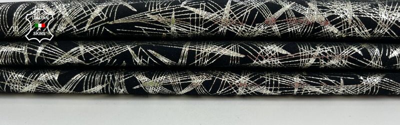 METALLIC SILVER PRINTED ON BLACK SUEDE Thin Soft Goat leather 2+sqf 0.6mm #C1924