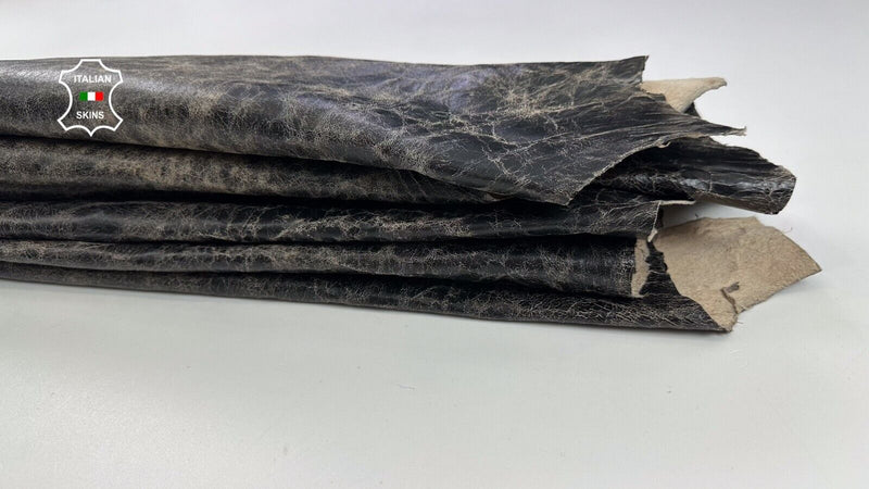 BLACK CRACKED DISTRESSED ON BEIGE VINTAGE Lamb leather 2 skins 12sqf 0.9mm C2287