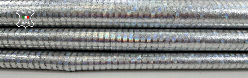 METALLIC HOLOGRAPHIC SILVER LINES PRINT Goatskin leather hides 5sqf 0.8mm C1218