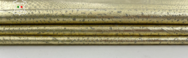 METALLIC GOLD SNAKE PRINT ON VINTAGE LOOK Thin Lamb leather 5+sqf 0.6mm #C1679