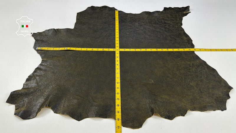 DARK OLIVE CRACKED ON YELLOW VINTAGE LOOK Soft Goatskin leather 6sqf 0.7mm C2168