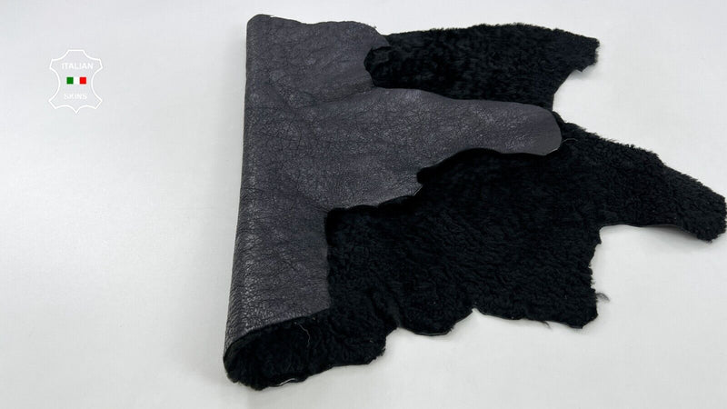 BLACK ON CRINKLED BLACK Soft sheepskin Shearling Leather hide fur 21"x25" #C836