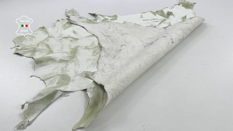 TEA GREEN TIE DYE DISTRESSED ON WHITE Soft Goatskin leather 6+sqf 0.9mm #C1284