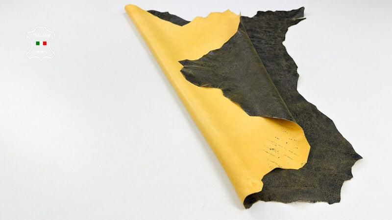 DARK OLIVE CRACKED ON YELLOW VINTAGE LOOK Soft Goatskin leather 6sqf 0.7mm C2168