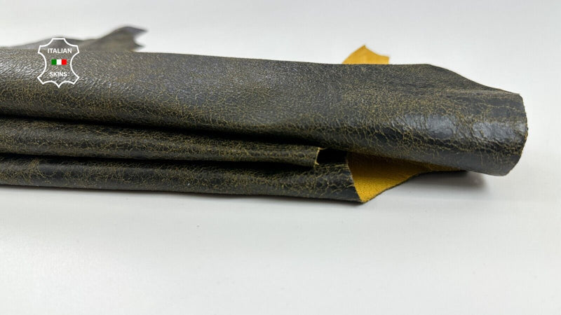 DARK OLIVE CRACKED ON YELLOW VINTAGE LOOK Soft Goatskin leather 6sqf 0.7mm C2168