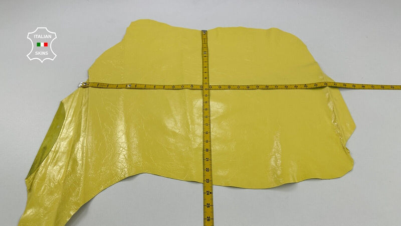 LIGHT YELLOW PATENT CRINKLED Soft Italian Lambskin leather hide 5sqf 0.9mm C2371