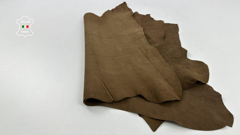 WASHED OLIVE BROWN VEGETABLE TAN ROUGH Goatskin leather 2 skins 7sqf 1.1mm C2449