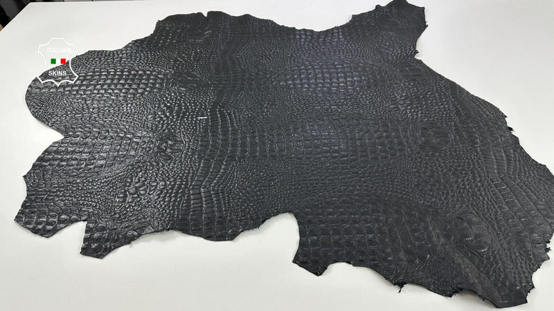 BLACK SHINY CROCODILE ALLIGATOR TEXTURED PRINT ON Goat leather 9sqf 1.6mm #C2725