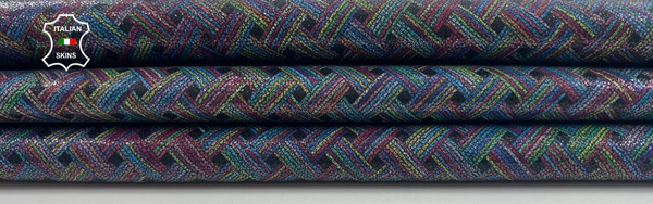 MULTICOLOR WOVEN CRACKED PRINT On BLACK Italian Goat leather 4sqf 1.0mm #C1164