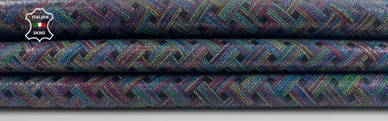 MULTICOLOR WOVEN CRACKED PRINT On BLACK Italian Goat leather 4sqf 1.0mm #C1164