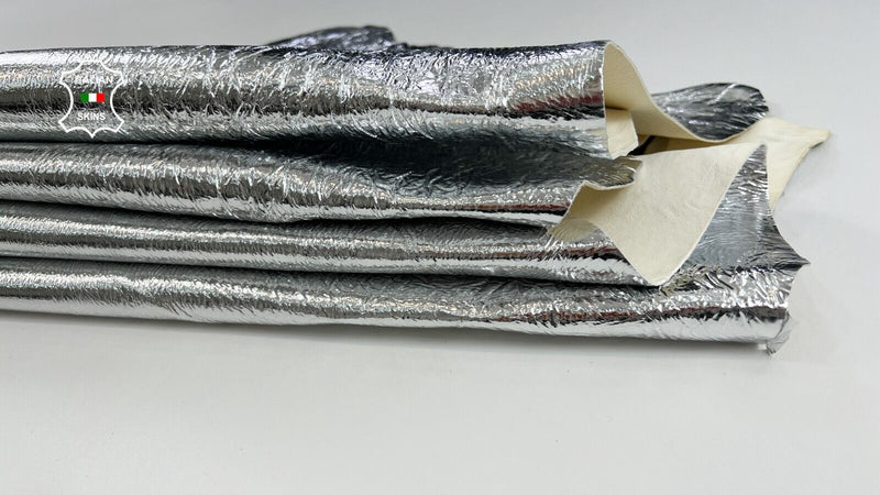 METALLIC SILVER CRISPY CRINKLED Thick Lambskin leather 2 skins 14sqf 1.5mm C1961