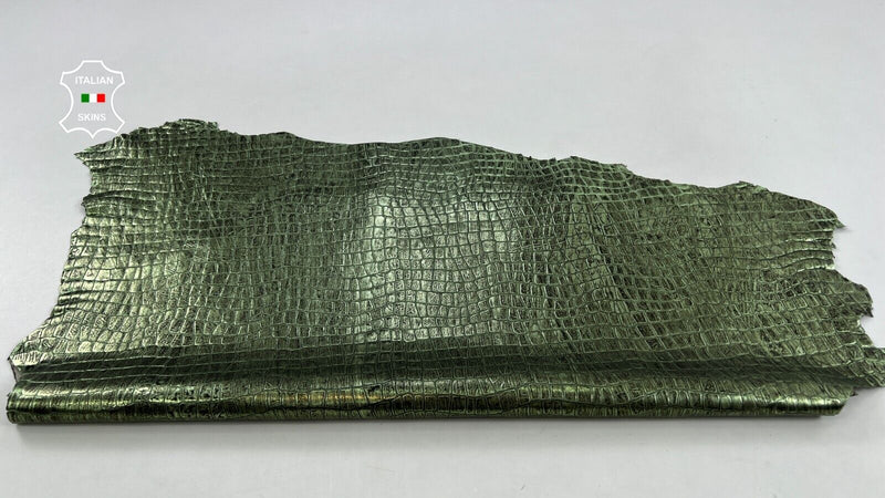 METALLIC GREEN DISTRESSED CROCODILE EMBOSSED On Goat leather 5sqf 0.8mm #C1025