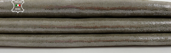 METALLIC SILVER SHIMMER PRINT ON OLIVE Soft Lambskin leather 4+sqf 0.8mm #C1293