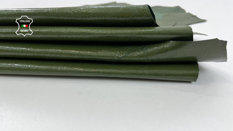 OLIVE GREEN SHINY CRINKLED Thin Italian Goat leather 3 skins 10sqf 0.6mm #C826