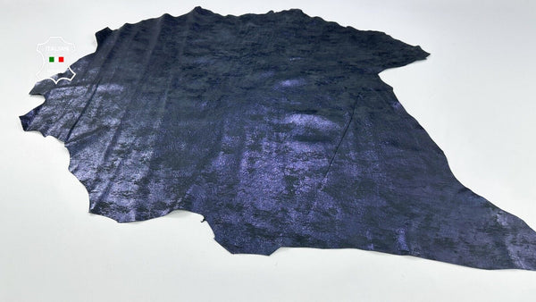 METALLIC BLUE DISTRESSED ON BLACK Soft Italian Lambskin leather 6sqf 0.8mm C2241