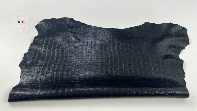 BLACK SHINY CROCODILE PRINT TEXTURED ON Thin Goatskin leather 6sqf 0.5mm #C1895