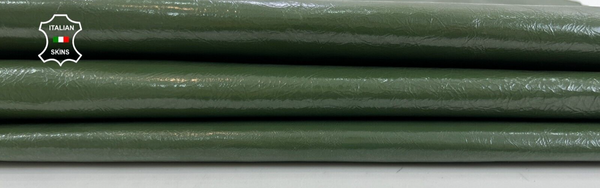 GREEN SHINY CRINKLED Italian Goatskin leather hides  3 skins 8sqf 0.7mm #C823