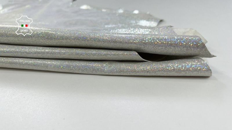 METALLIC HOLOGRAPHIC SILVER PIXELS PRINT Thin Lambskin leather 6+sqf 0.5mm C2011