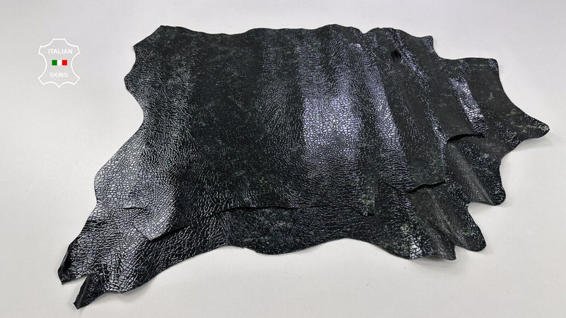 BLACK PATENT SHINY CRINKLED DISTRESSED Goat leather 2 skins 8sqf 0.8mm #C2727