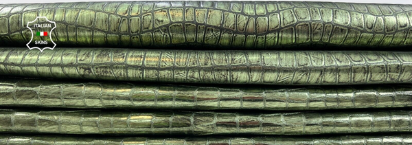 METALLIC GREEN CROCODILE EMBOSSED ON Goatskin leather 2 skins 8sqf 1.0mm #C1873