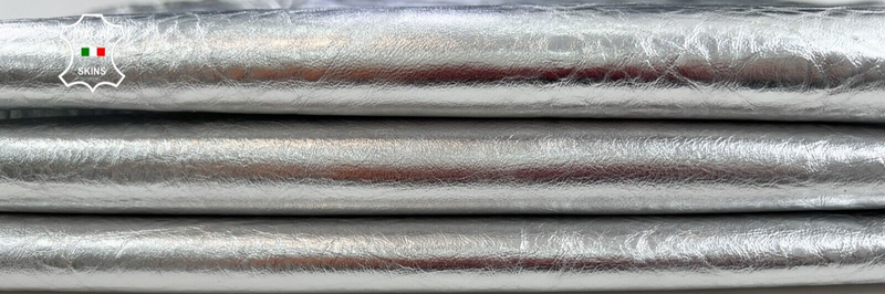 METALLIC SILVER GRAINY CRINKLED Soft Italian Lambskin leather 5sqf 1.0mm #C2083