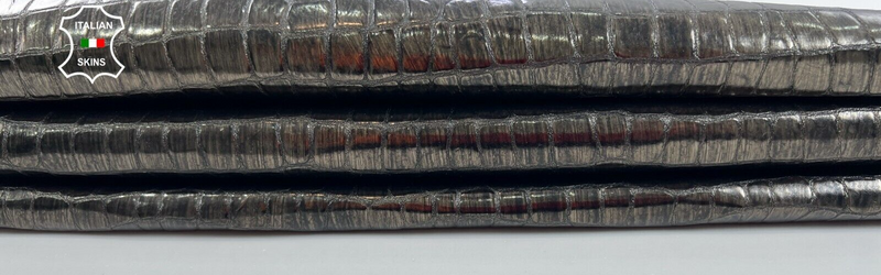 METALLIC GUNMETAL DISTRESSED CROCODILE PRINT ON Goat leather 4+sqf 0.8mm #C1109