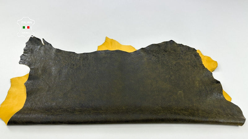 DARK OLIVE CRACKED ON YELLOW VINTAGE LOOK Soft Goatskin leather 6sqf 0.7mm C2168