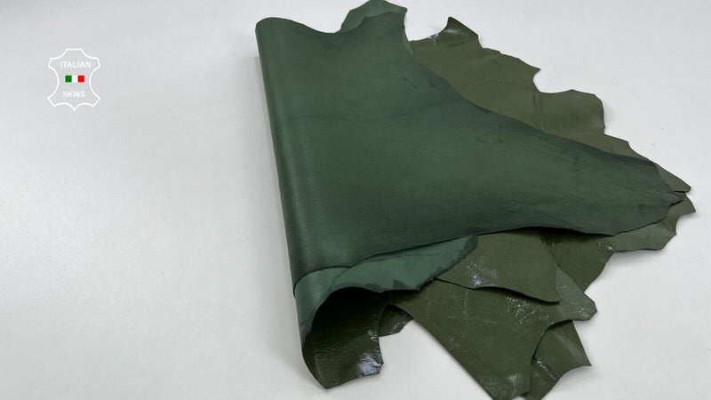 OLIVE GREEN SHINY CRINKLED Thin Italian Goat leather 3 skins 10sqf 0.6mm #C826