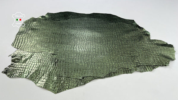 METALLIC GREEN CROCODILE EMBOSSED ON Goatskin leather 2 skins 8sqf 1.0mm #C1873