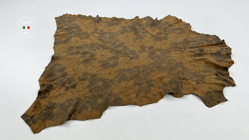 CAMEL BROWN FLOWERS PRINT VINTAGE LOOK Soft Lambskin leather 3+sqf 0.8mm #C729