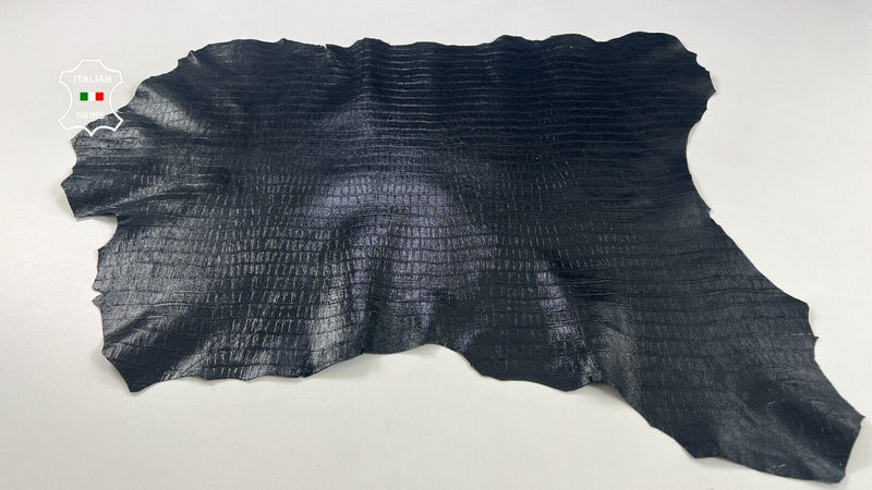 BLACK SHINY CROCODILE PRINT TEXTURED ON Thin Goatskin leather 6sqf 0.5mm #C1895