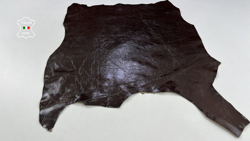 DARK BROWN PATENT CRINKLED Italian Goatskin Goat leather hides 4sqf 1.0mm #C2108