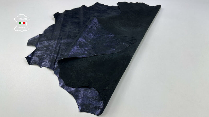 METALLIC BLUE DISTRESSED ON BLACK Soft Italian Lambskin leather 6sqf 0.8mm C2241