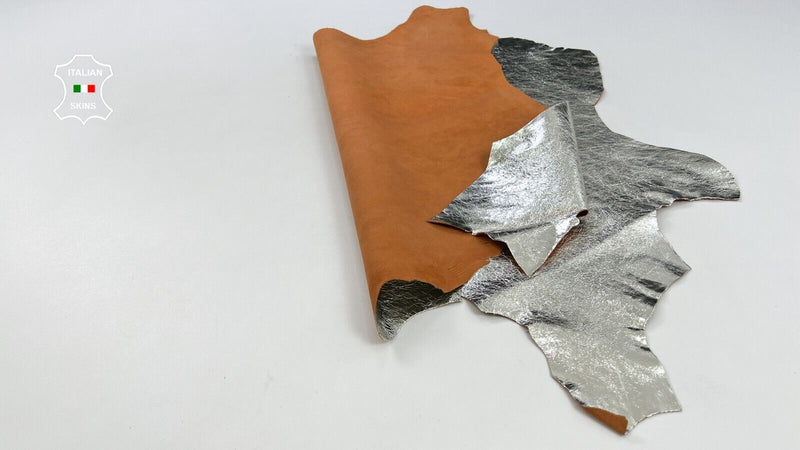 METALLIC SILVER CRINKLE ON TERRACOTA Soft Italian Goat leather 4+sqf 0.9mm C1870