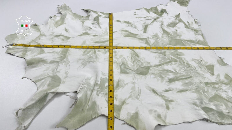 TEA GREEN TIE DYE DISTRESSED ON WHITE Soft Goatskin leather 6+sqf 0.9mm #C1284