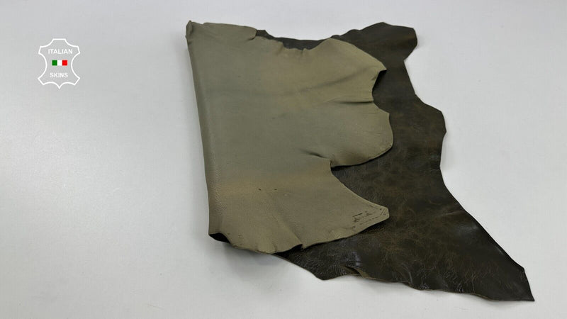 KHAKI OLIVE CRINKLE COATED VINTAGE Thick Strong Goat Leather 4+sqf 1.3mm #C2398