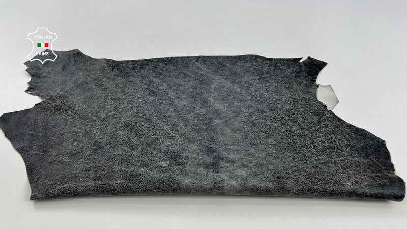 BLACK CRACKED ON LIGHT GREY VINTAGE LOOK Soft Goatskin leather 5sqf 0.9mm #C2134