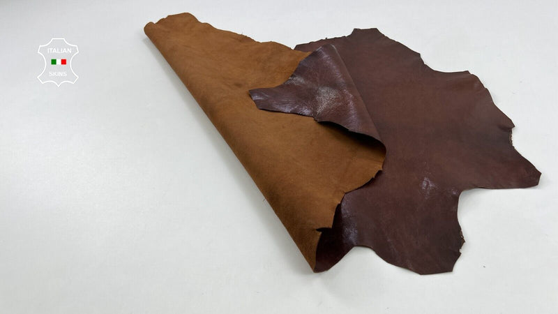 COGNAC BROWN CRINKLE SHINY ROUGH Italian Goatskin leather hides 4+sqf 0.8mm C772