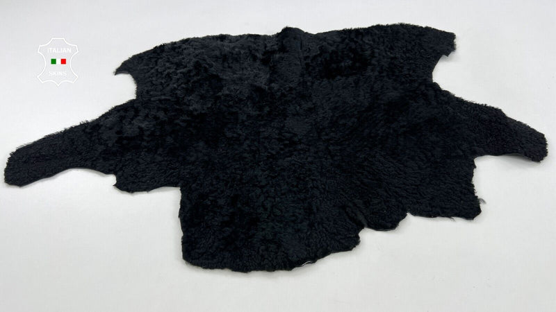 BLACK ON CRINKLED BLACK Soft sheepskin Shearling Leather hide fur 21"x25" #C836