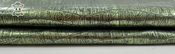 METALLIC GREEN DISTRESSED CROCODILE EMBOSSED On Goat leather 5sqf 0.8mm #C1025