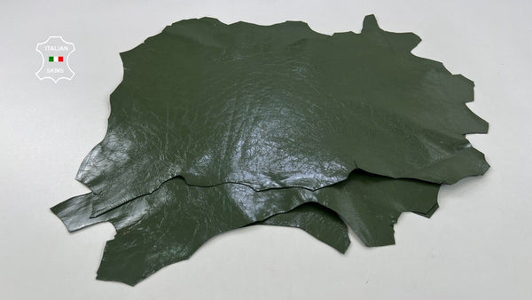 GREEN SHINY CRINKLED Italian Goatskin leather hides  3 skins 8sqf 0.7mm #C823