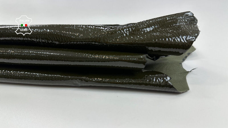 OLIVE GREEN PATENT SHINY CRINKLED Italian Goatskin leather 4+sqf 0.9mm #C2213