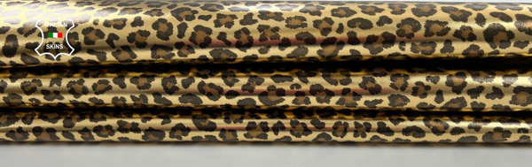 METALLIC GOLD LEOPARD PRINT ON Italian Goatskin leather hide 6+sqf 0.9mm #C1519