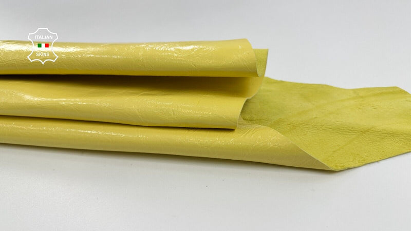 LIGHT YELLOW PATENT CRINKLED Soft Italian Lambskin leather hide 5sqf 0.9mm C2371