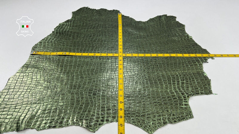 METALLIC GREEN DISTRESSED CROCODILE EMBOSSED On Goat leather 5sqf 0.8mm #C1025