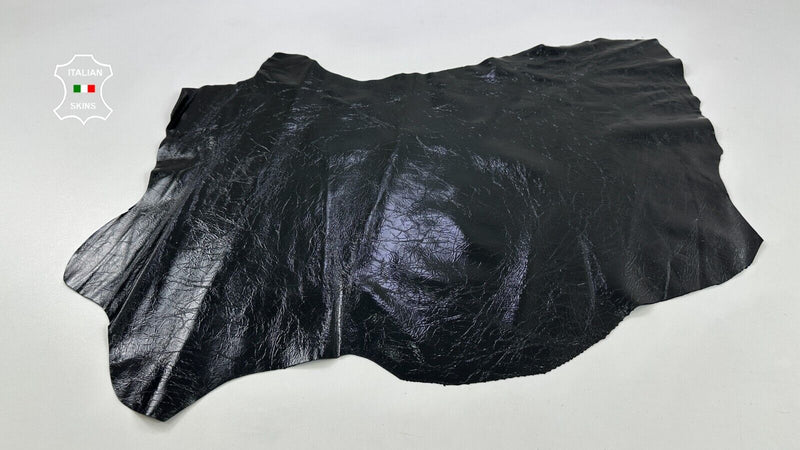 BLACK PATENT CRINKLED SHINY Soft Italian Lambskin leather hide 5sqf 0.8mm #C2370