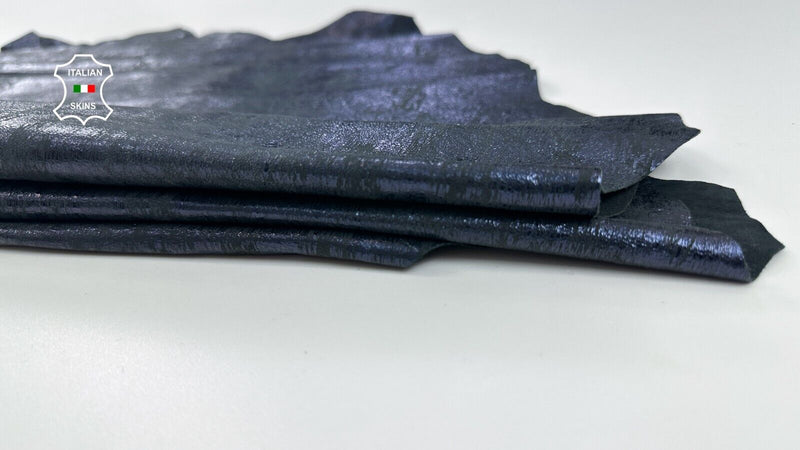 METALLIC BLUE DISTRESSED ON BLACK Soft Italian Lambskin leather 6sqf 0.8mm C2241