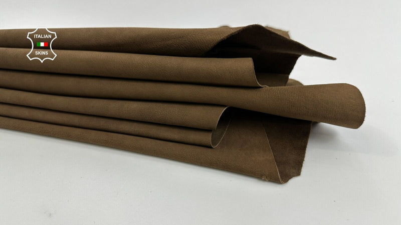 WASHED OLIVE BROWN VEGETABLE TAN ROUGH Goatskin leather 2 skins 7sqf 1.1mm C2449