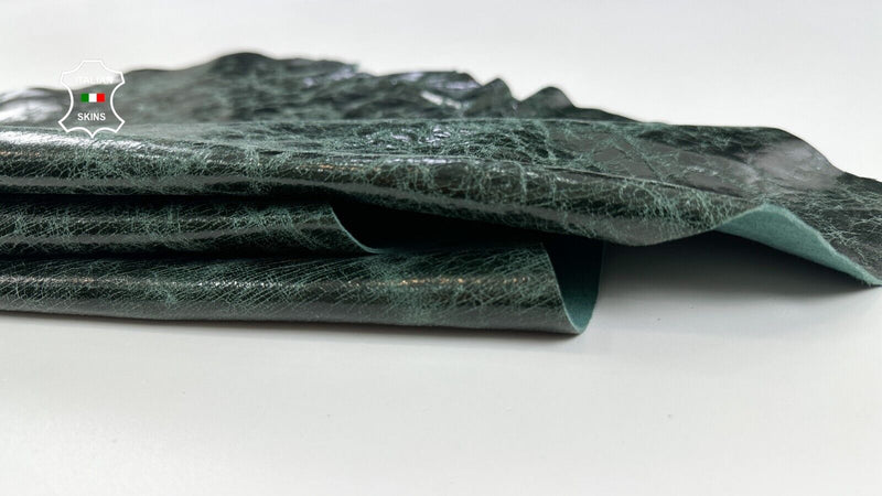 VENICE GREEN ANTIQUED CRACKED SHINY VINTAGE Goatskin leather 5+sqf 0.8mm #C2178